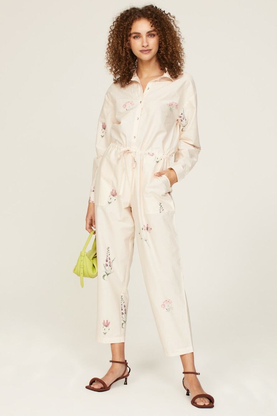 Splendid Blossom Off White Floral Print Long Sleeve Jumpsuit Size Large